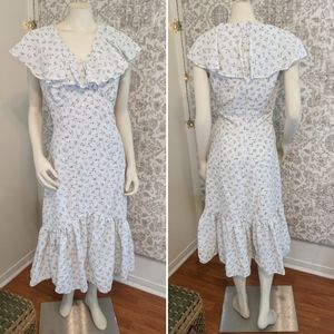 Handmade White Ditsy Floral Ruffle Neck Summer Cotton Midi Dress